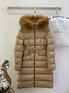 Moncler long quilted puffer coat with fur-trim hood, tan
