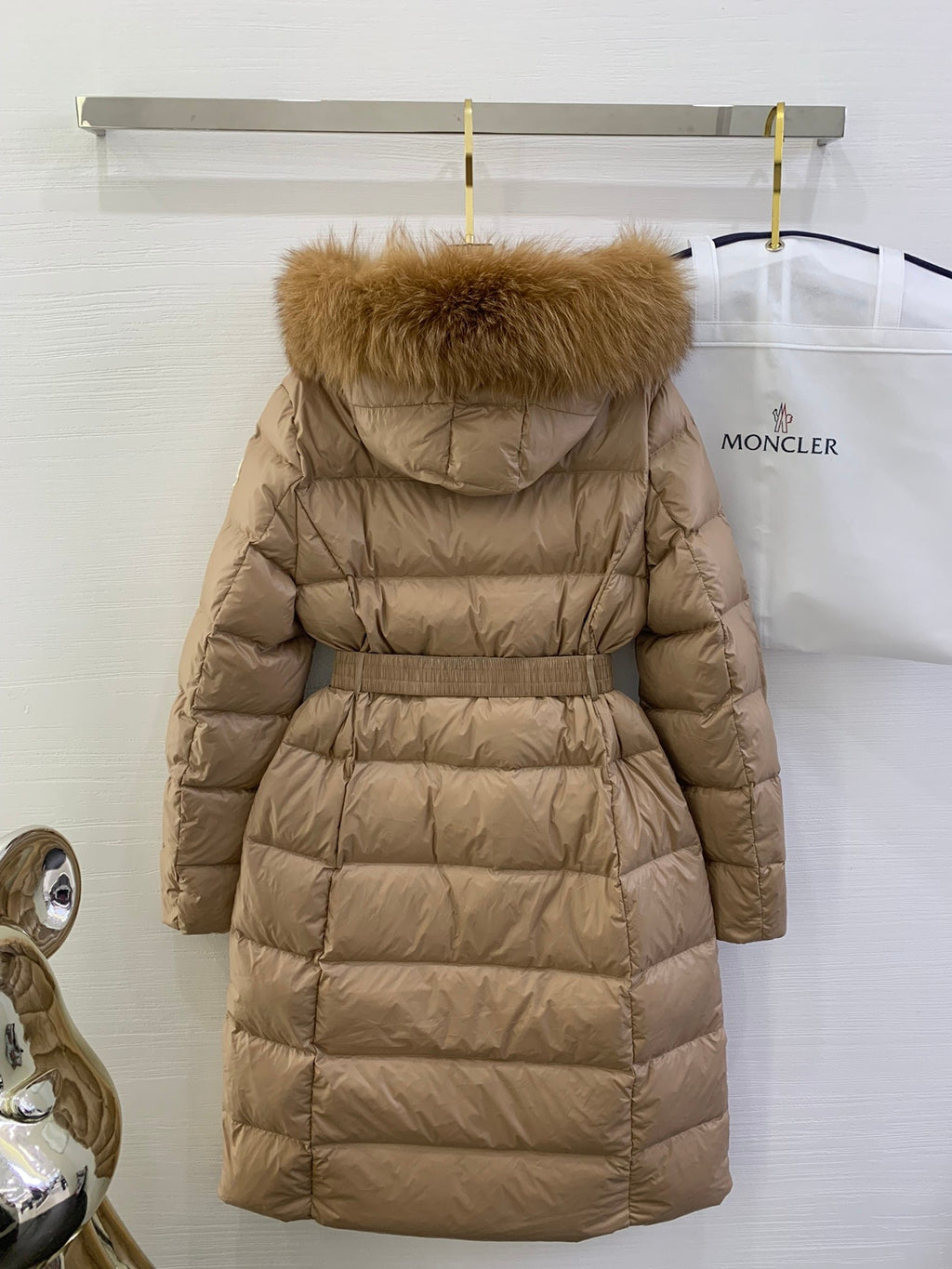 Moncler long puffer coat with fur-trim hood, belted waist, tan