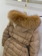 Moncler long puffer coat with oversized fur-trim hood, tan