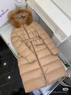 Moncler long quilted puffer coat with fur-trim hood, tan side view