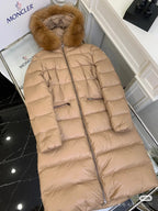 Moncler long quilted puffer coat with fur-trim hood, light tan