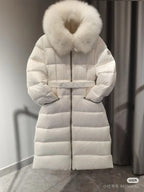 Long white puffer coat with faux fur hood and removable belt, front zipper