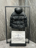Black hooded puffer jacket with full zip, back view, elastic waist