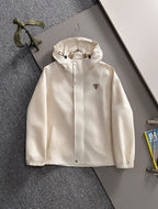 Off-white hooded long jacket with front zipper and drawstring hem