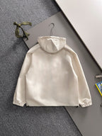 Off-white hooded long jacket with zipper front and relaxed silhouette