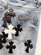 Light blue Chrome pants pocket with black star patch appliques and small label patch