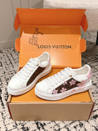 Louis Vuitton white low-top sneakers with pink flower side inlay