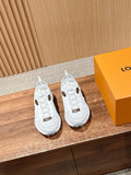 Louis Vuitton unisex white sneakers with lace-up front and brown logo patch details