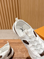Louis Vuitton unisex white sneakers with knit texture and brown monogram patch detail