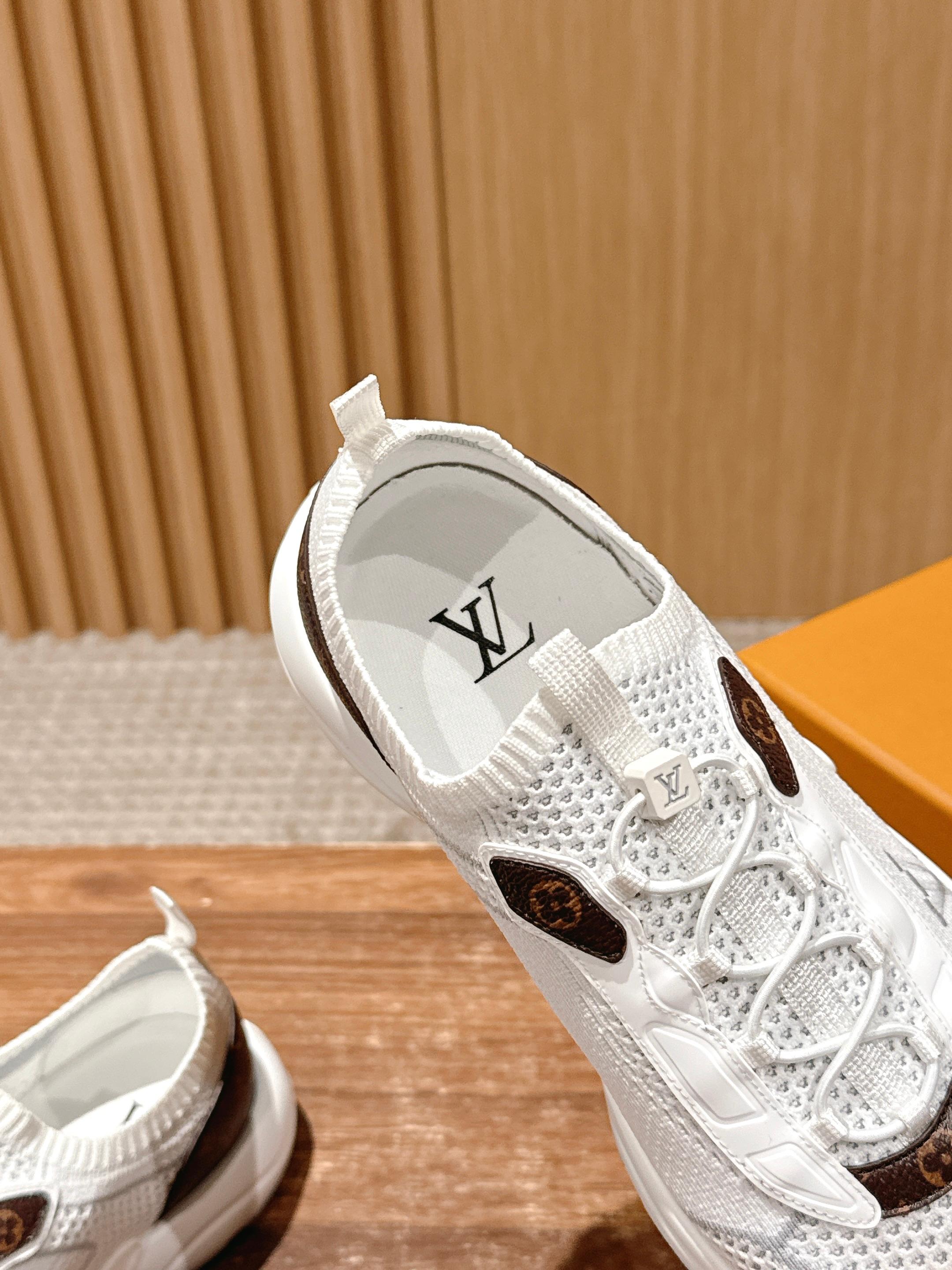 Louis Vuitton unisex white sneakers with knit texture and brown monogram patch detail