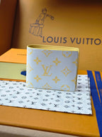 Small card wallet with blue monogram pattern, beige trim, Louis Vuitton logo