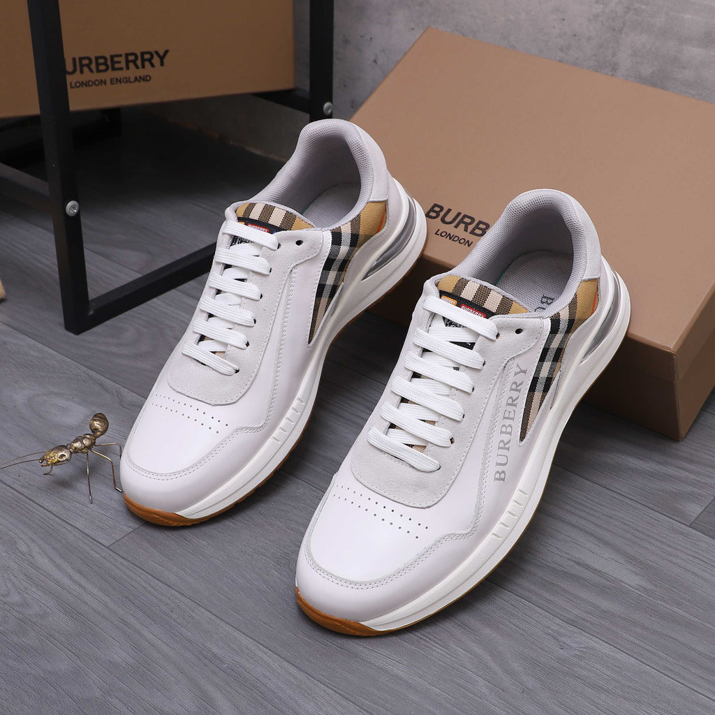White Burberry low-top sneakers with plaid collar and gum rubber sole
