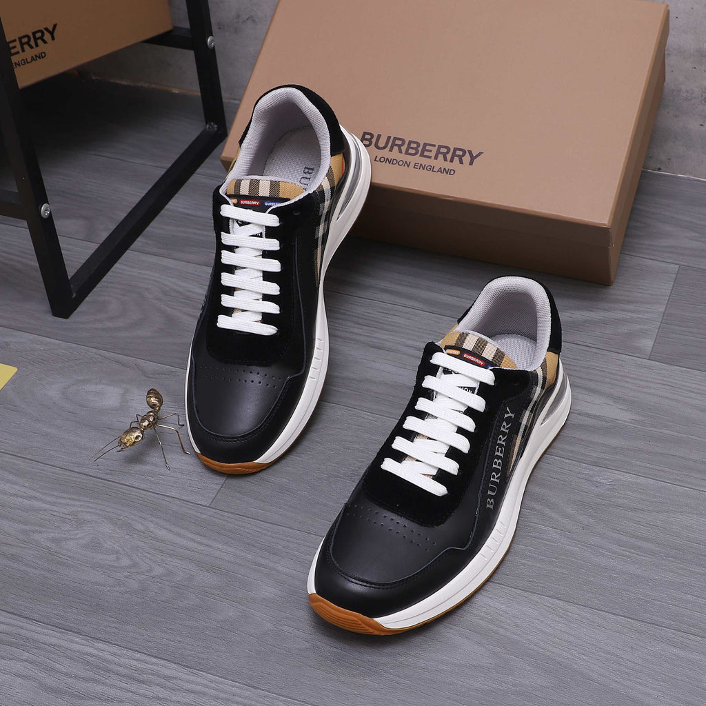 Luxury sneakers in black with white laces, check-pattern accents, and white sole