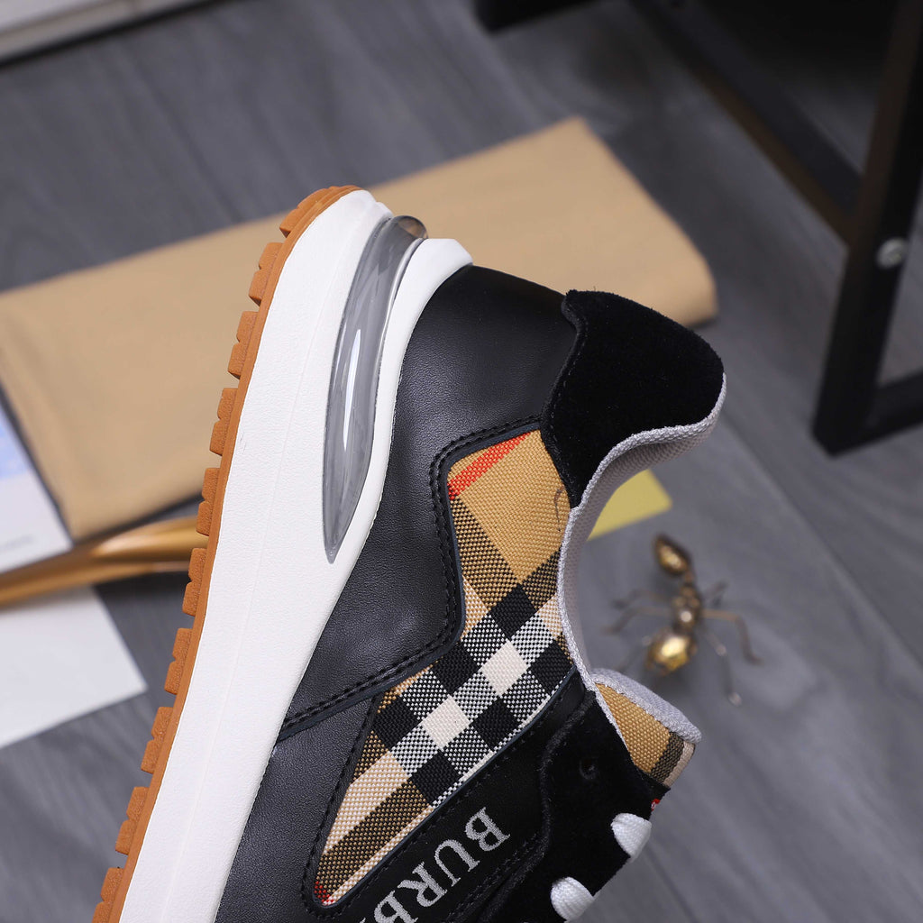 Luxury sneaker side view with check-pattern collar and black upper on white sole
