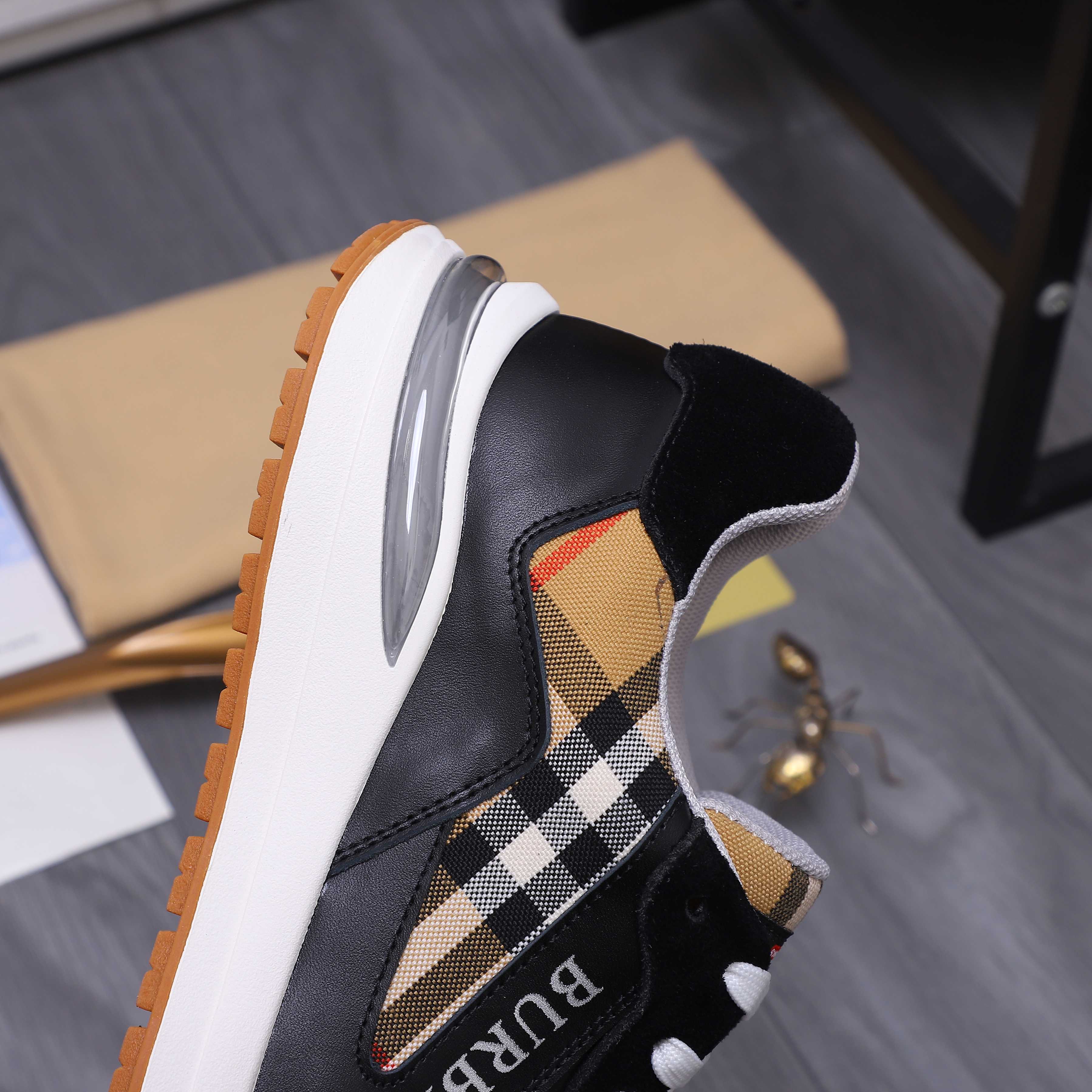 Luxury sneaker side view with check-pattern collar and black upper on white sole