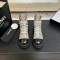 Chanel ladies high-top sneakers, light gray leather with black toe cap and lace-up front