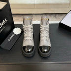 Chanel ladies high-top sneakers, light gray leather with black toe cap and lace-up front