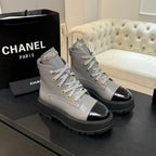 Chanel ladies high-top sneakers in light gray with black toe cap, lace-up design
