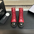 Chanel ladies red lace-up high-top boots with gold eyelets and black rubber soles