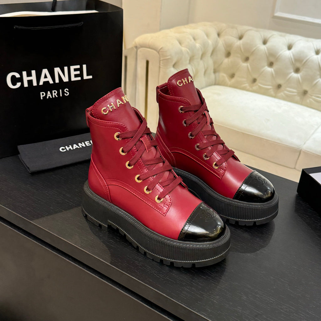 Chanel ladies red lace-up high-top boots with gold eyelets and glossy toe caps