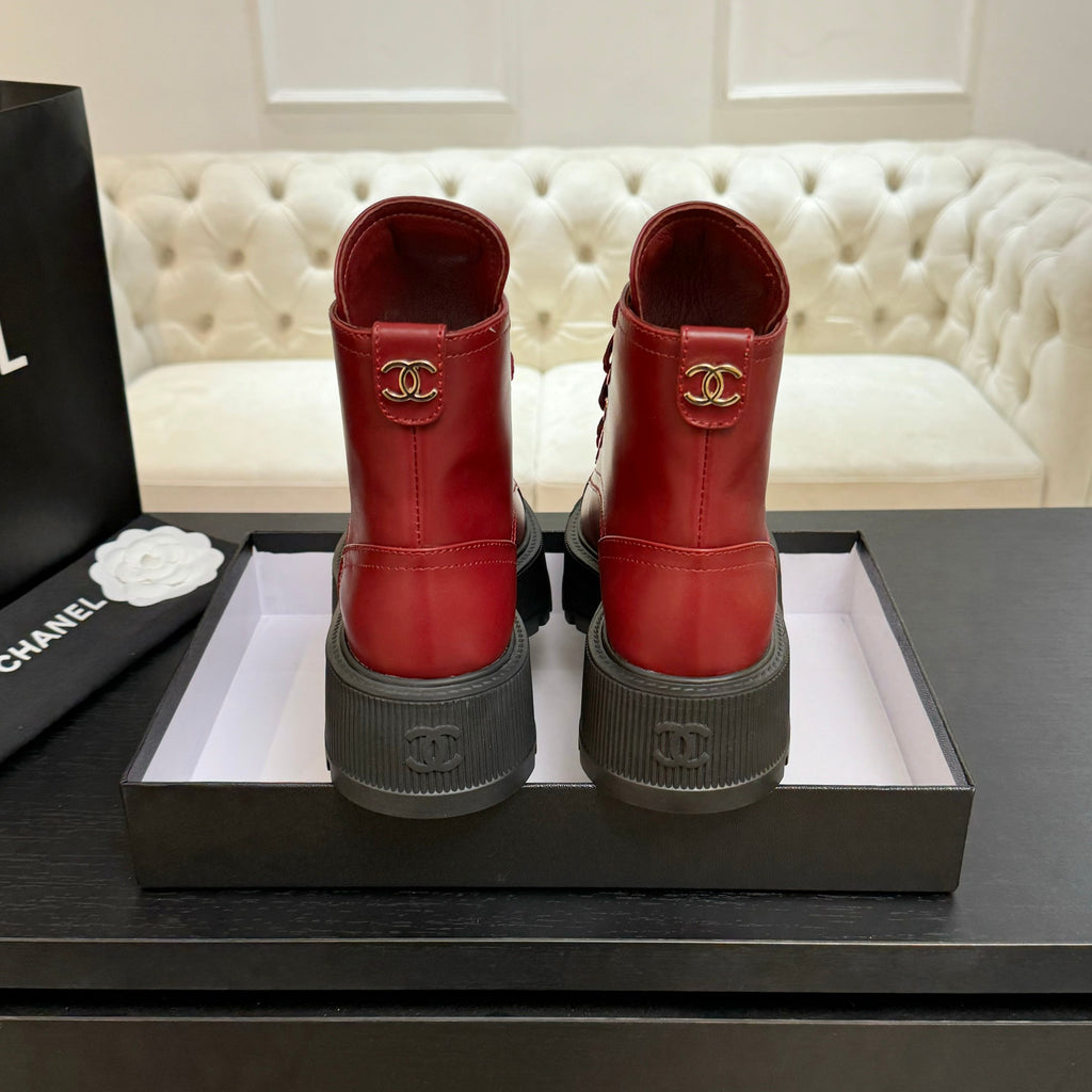 Chanel ladies red lace-up high-top boots rear view with black platform soles