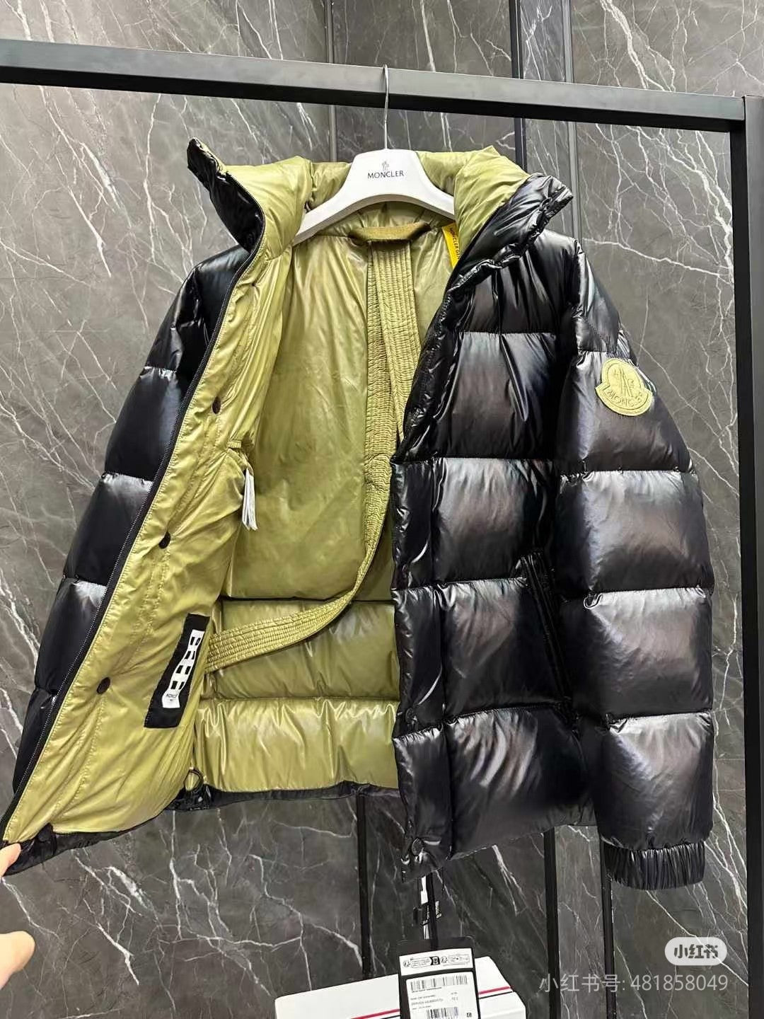 Moncler long puffer jacket with hood, lime lining and body, dark outer, zipper front