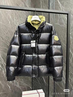 Moncler long puffer jacket with hood, dark finish, front zipper, logo patch at sleeve