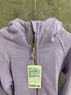 Light purple hoodie close-up: hood, front zipper, and hanging size tag