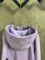 Light purple hoodie with hood and small embroidered logo on chest