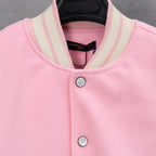 Pink jacket front with ribbed striped collar and Louis Vuitton inner label