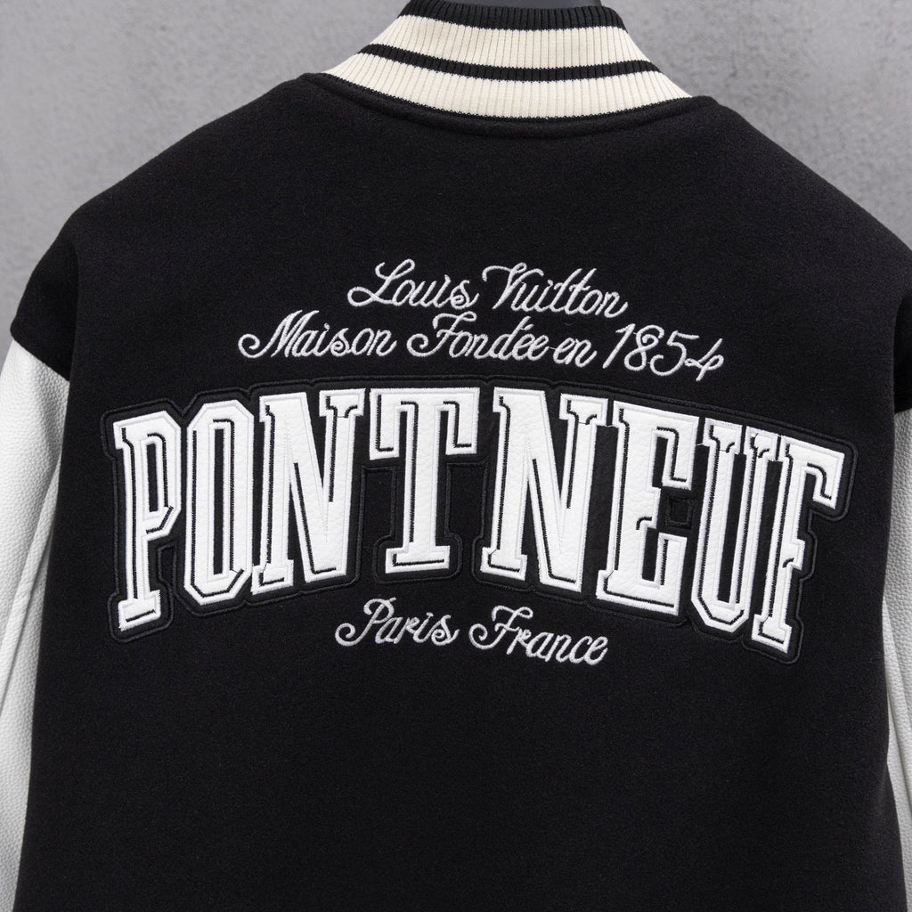Black varsity jacket back with 'PONT NEUF' lettering and script logo