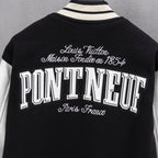 Black varsity jacket back with 'PONT NEUF' lettering and script logo