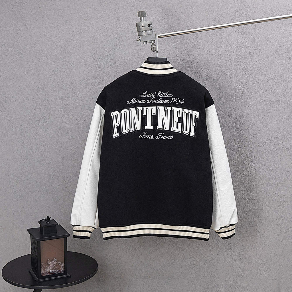 Black varsity jacket with 'PONT NEUF' back graphic and striped cuffs