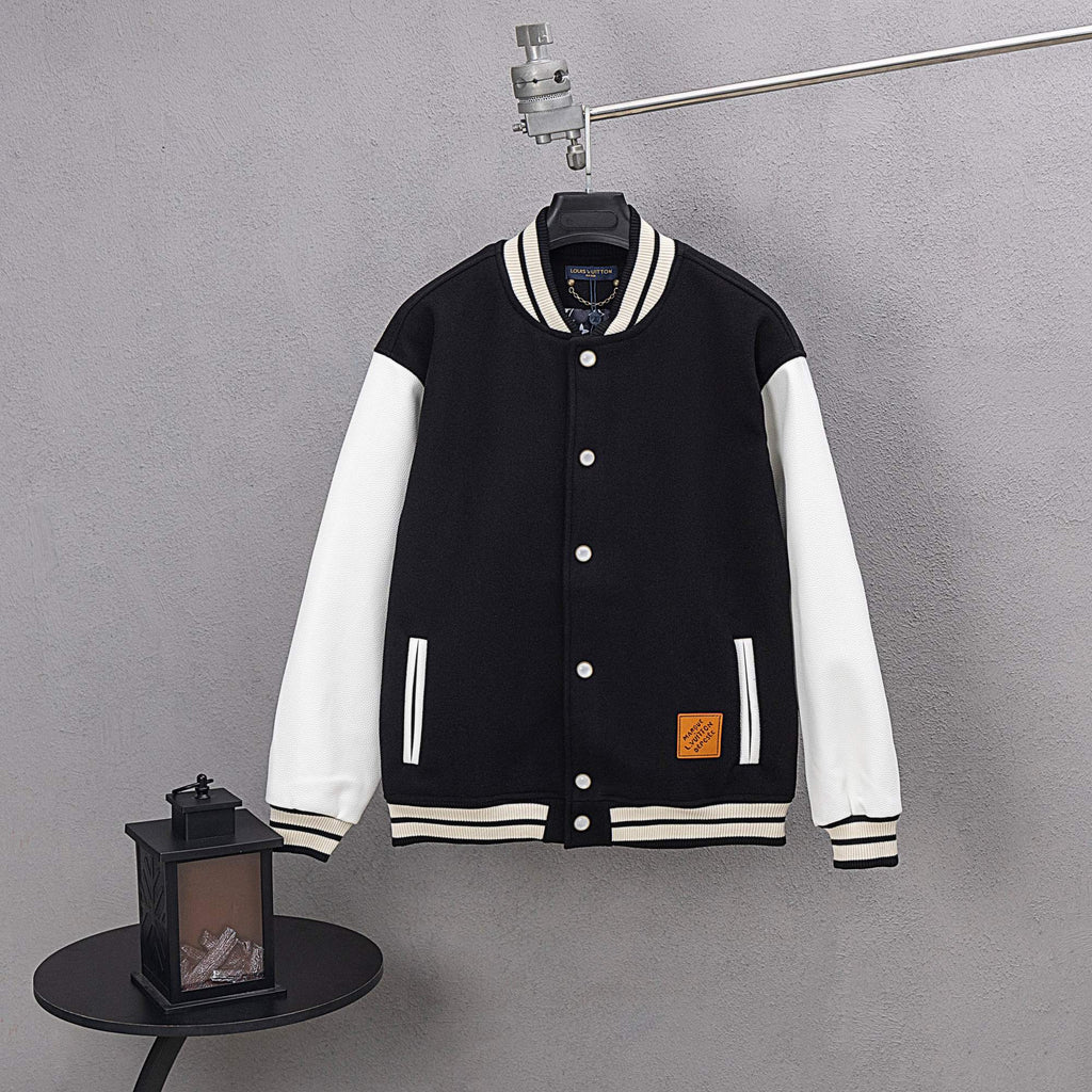 Louis Vuitton black varsity jacket with white striped collar and front snap buttons