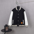 Louis Vuitton black varsity jacket with white striped collar and front snap buttons