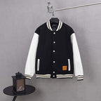 Louis Vuitton black varsity jacket with white striped collar and front snap buttons