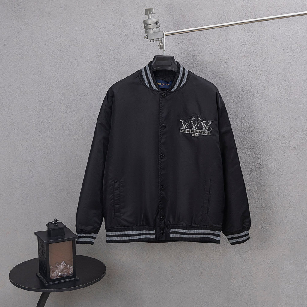 Louis Vuitton black bomber jacket with ribbed striped collar and cuffs
