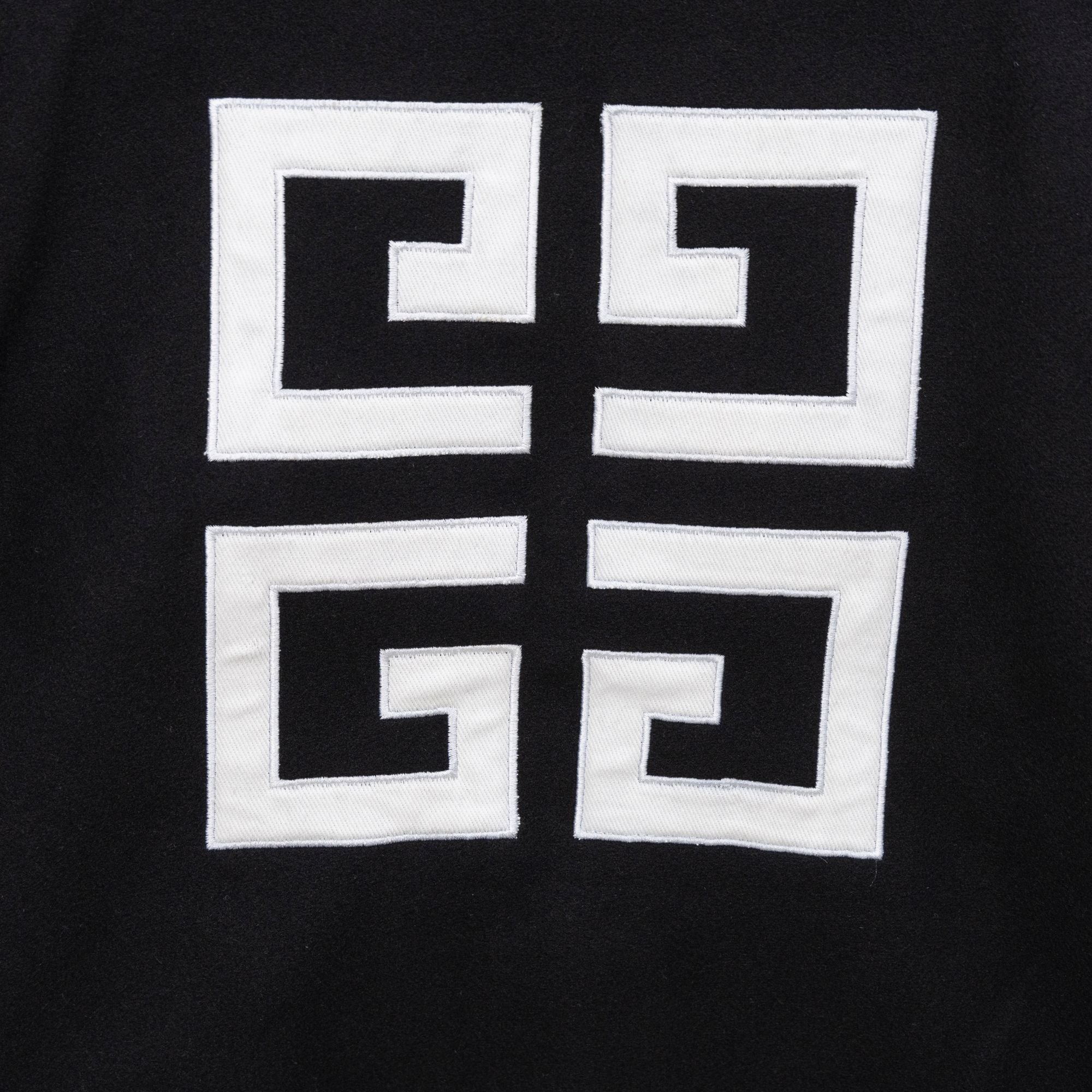Givenchy button-up jacket front emblem, white geometric squares on black