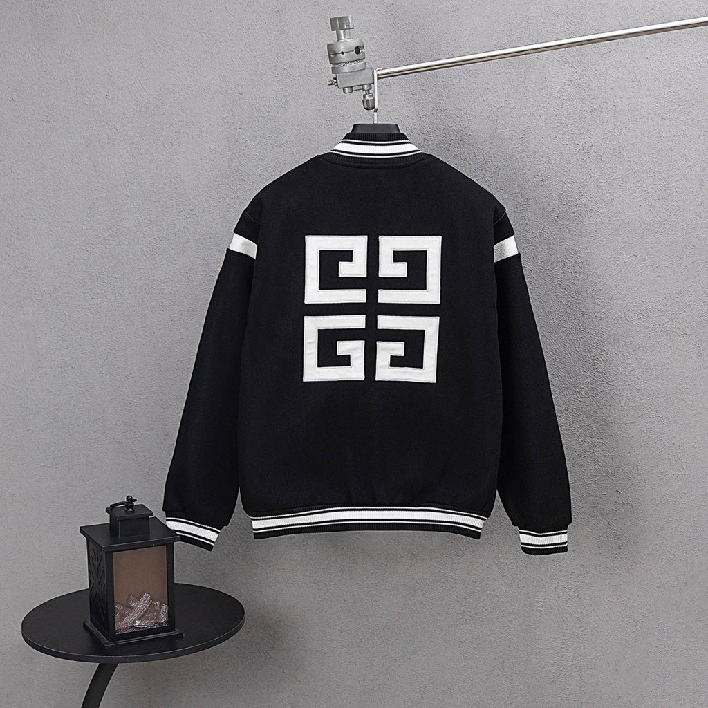 Givenchy button-up jacket, black back with white geometric emblem and striped hem