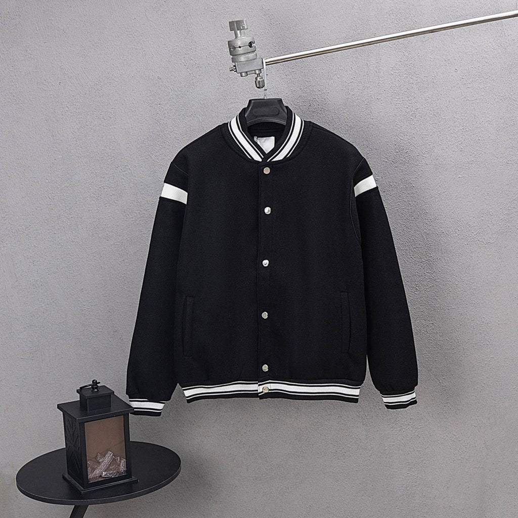 Givenchy button-up jacket, black with white striped ribbed collar and cuffs