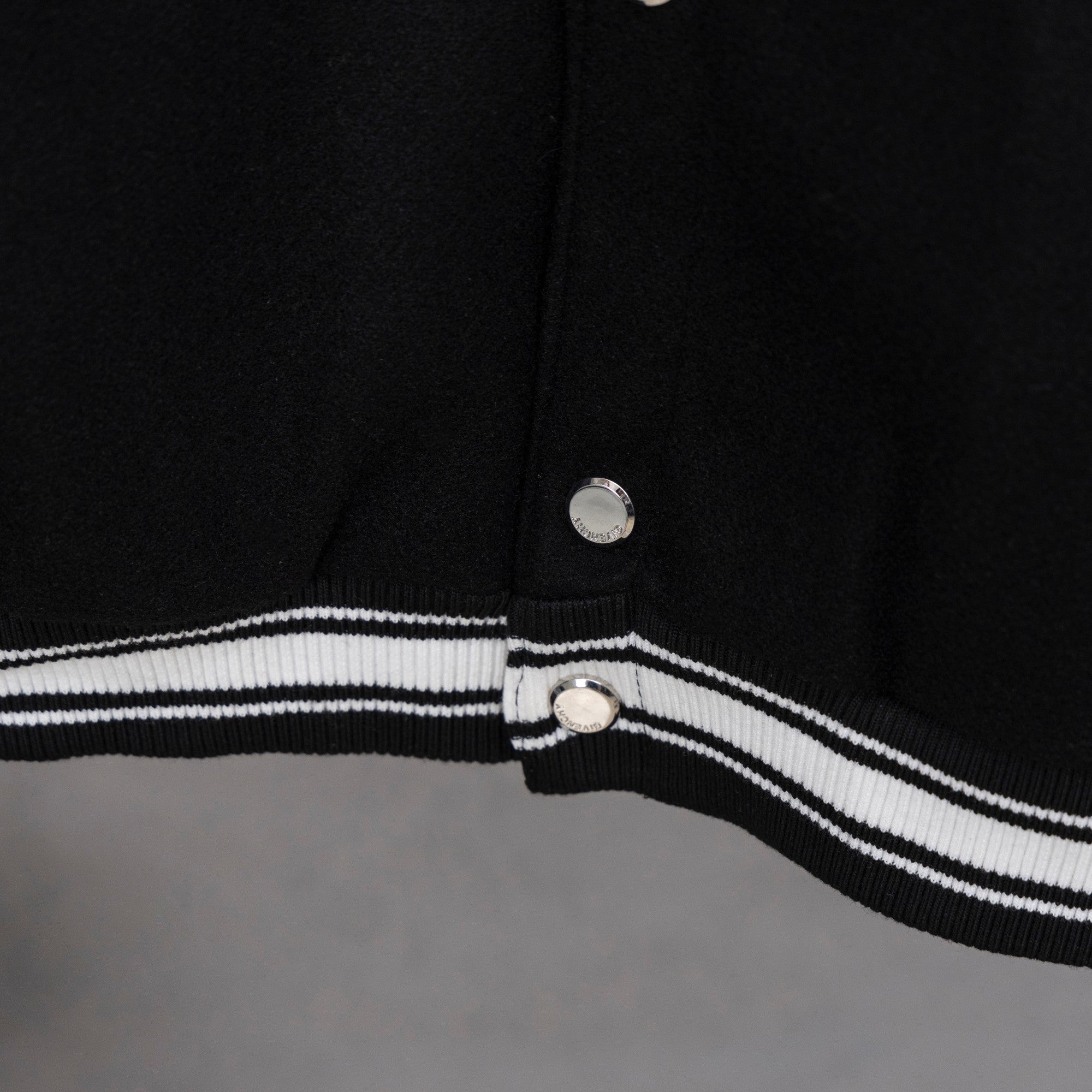 Givenchy button-up jacket cuff detail, white stripe bands and silver button