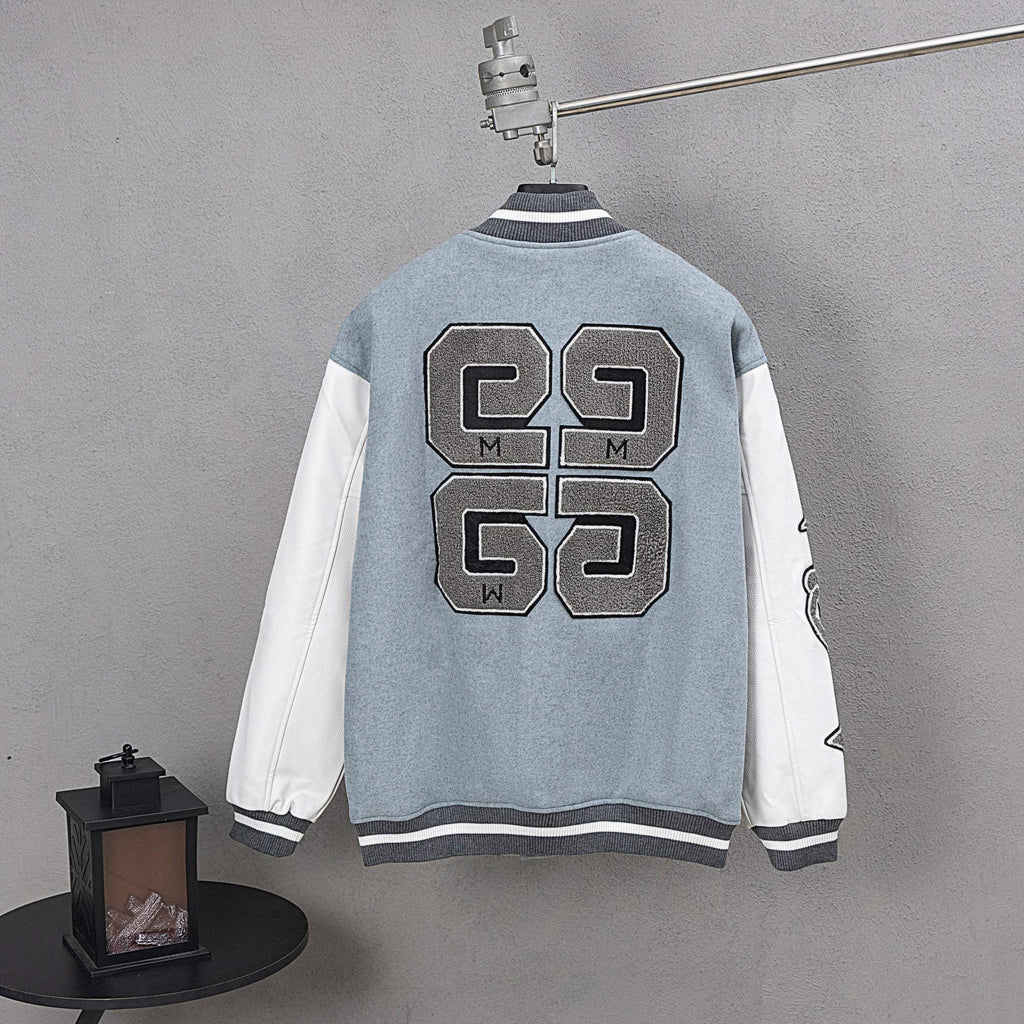 Givenchy light-blue varsity jacket back, large letter patches, white sleeves, striped rib hem