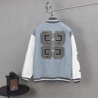 Givenchy light-blue varsity jacket back, large letter patches, white sleeves, striped rib hem