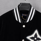 Black button-up shirt with striped placket collar and Louis Vuitton patch