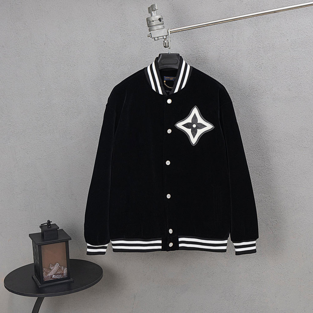 Black varsity jacket with striped ribbed collar and Louis Vuitton emblem