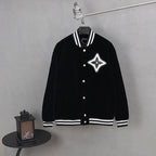 Black varsity jacket with striped ribbed collar and Louis Vuitton emblem
