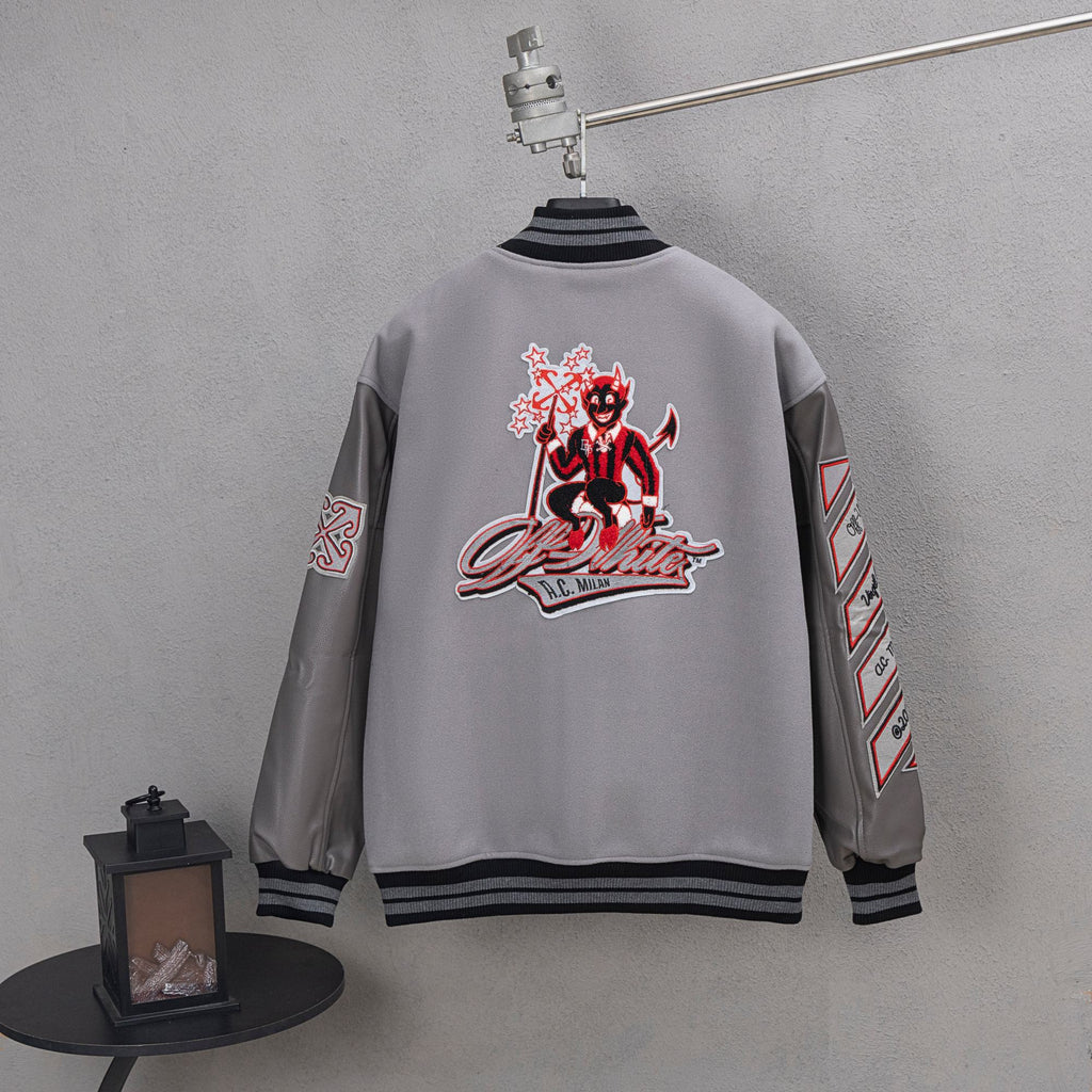 Off White varsity jacket back, light gray with large red cartoon logo and black striped collar