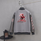 Off White varsity jacket back, light gray with large red cartoon logo and black striped collar