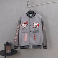Off White varsity jacket, light gray with snap front, black striped cuffs, red graphic patches