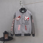 Off White varsity jacket, light gray with snap front, black striped cuffs, red graphic patches